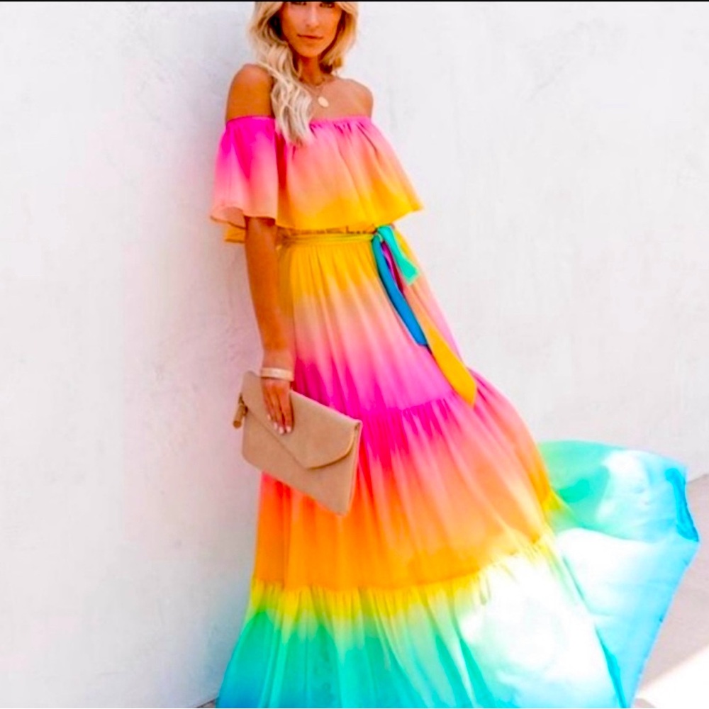 VICI Rainbow Skies off Shoulder Tiered Maxi Dress.